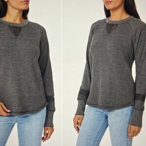 C&C California Dyed Waffle Crochet Lace Raglan Long Sleeve Shirt Charcoal Size S